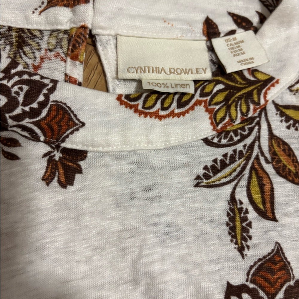 Cynthia Rowley White Top with Brown and Green Floral Design